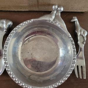 1995/1996 MARIPOSA Brillante Aluminum BOWL Dish W/  SPOON & FORK Set  Infant